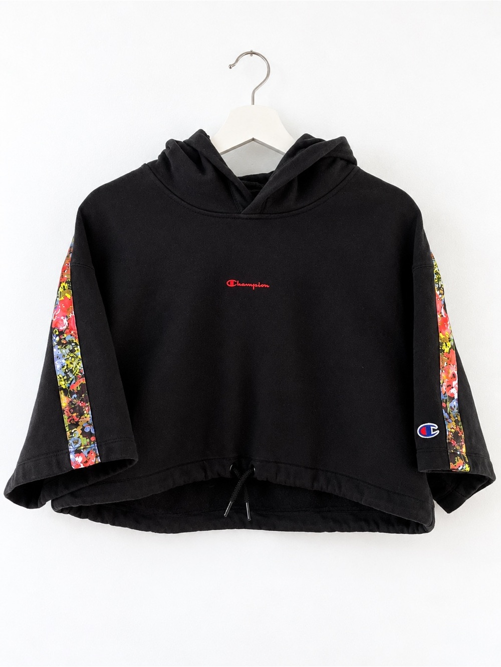 Champion Black Cropped Hoodie with Short Floral Sleeve Panels
